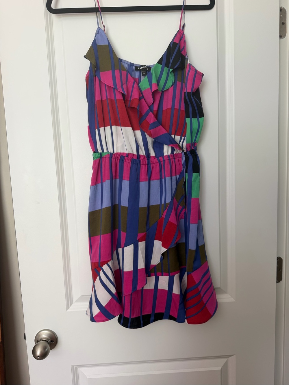 Express Multicolor Striped Ruffle Wrap Sundress — Pink, Blue, Green, White